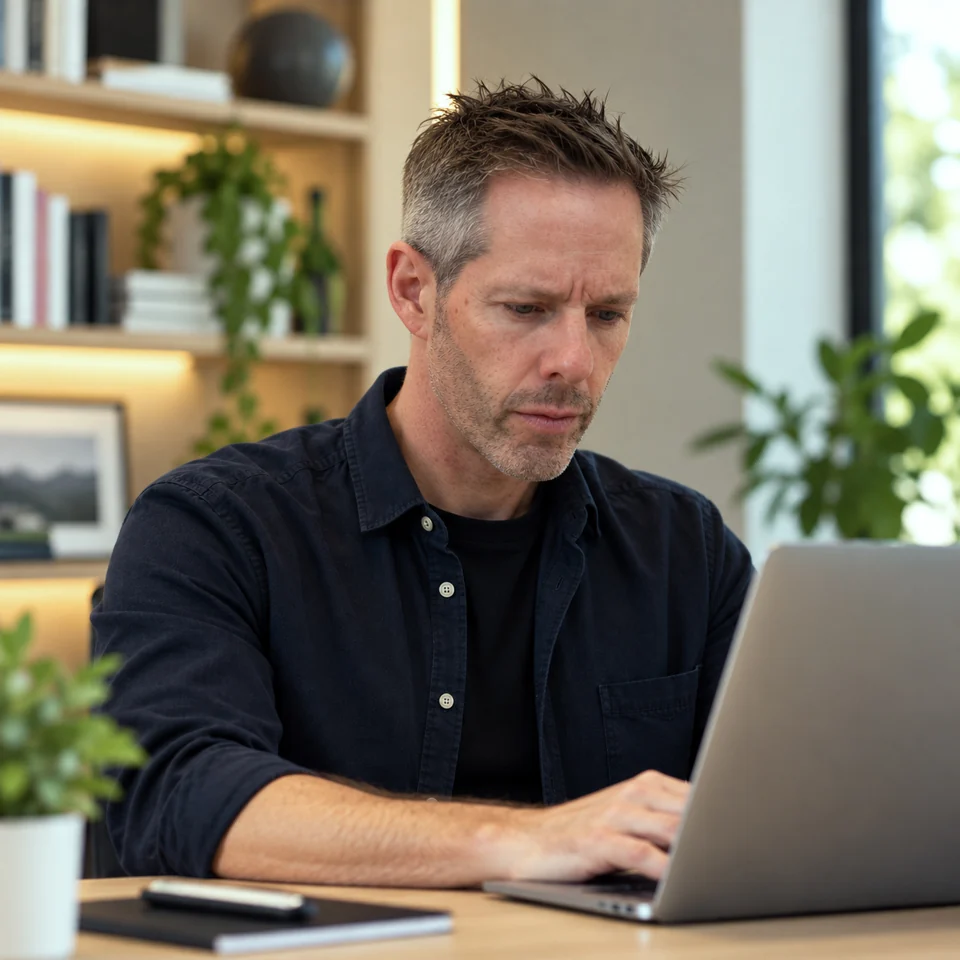 Marc, the guide’s author, working at his laptop